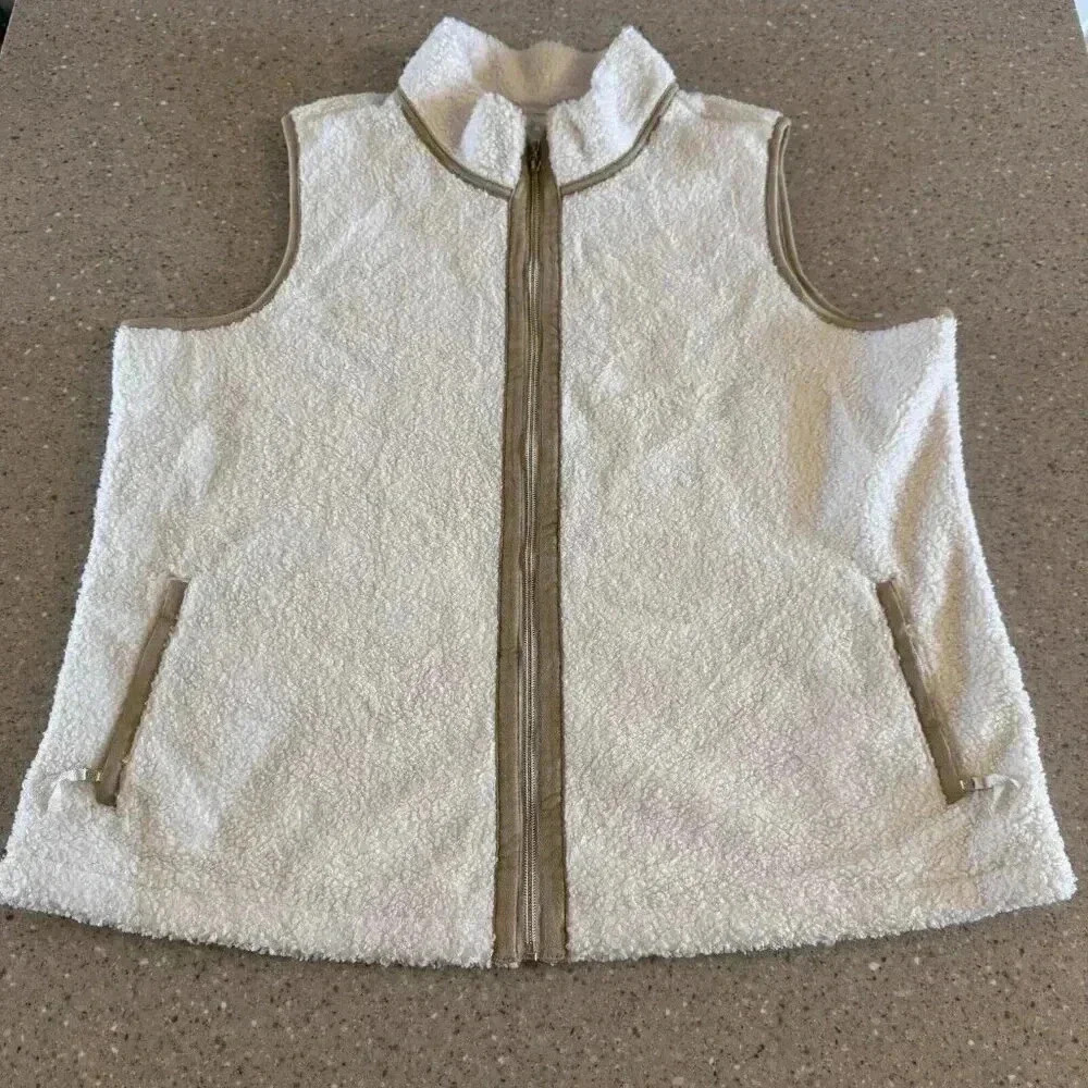 Tommy Bahama Sherpa Vest Womens XL Faux Suede Trim Coconut Cream